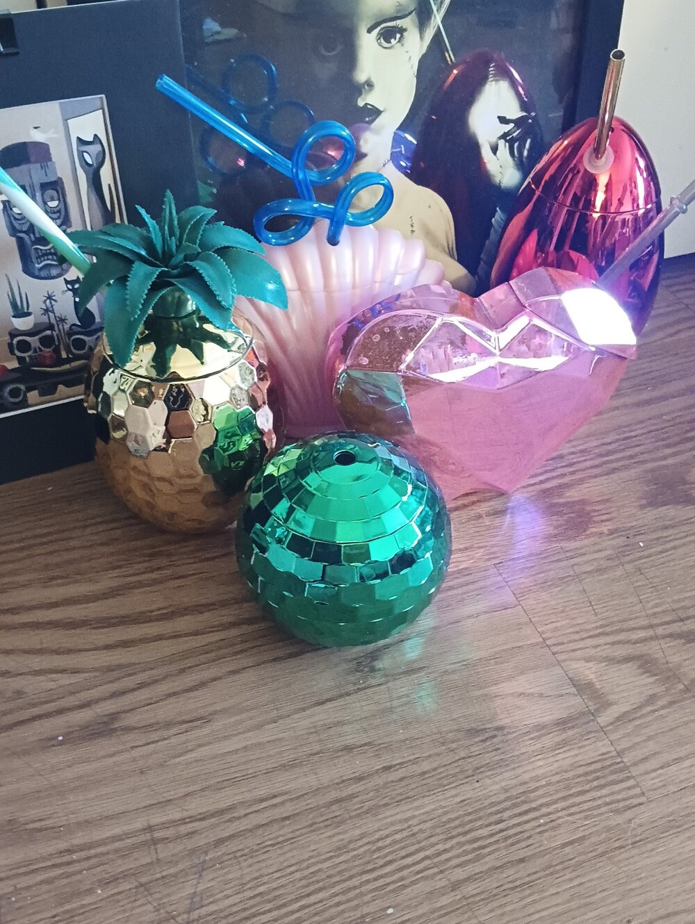 Party Pineapple, Heart Metallic, Seashell Drink Tumbler Set - Pink, Gold, Green